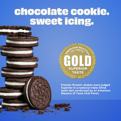 Close-up of Premier Protein Cookies & Cream emphasizes smooth, indulgent creaminess