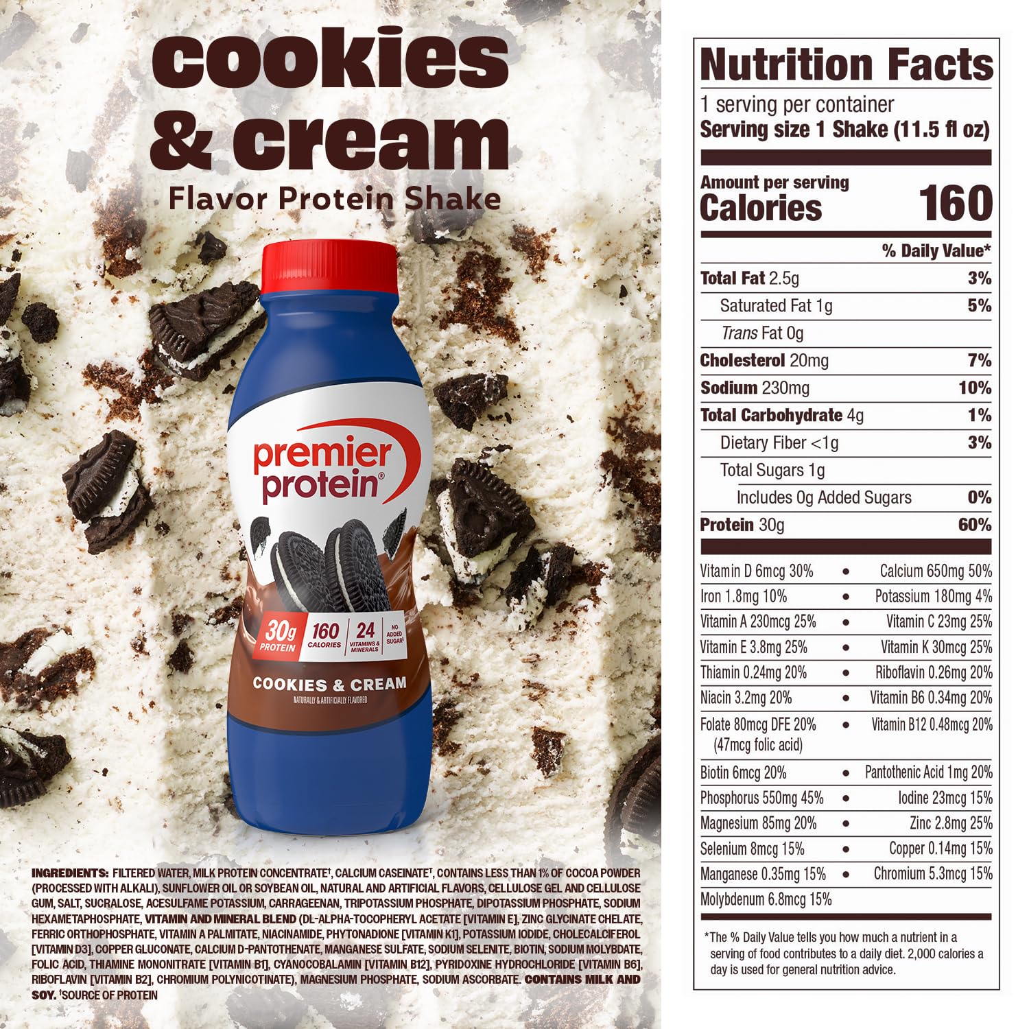 Glass with Premier Protein shake and spoon highlights versatile mix-ins
