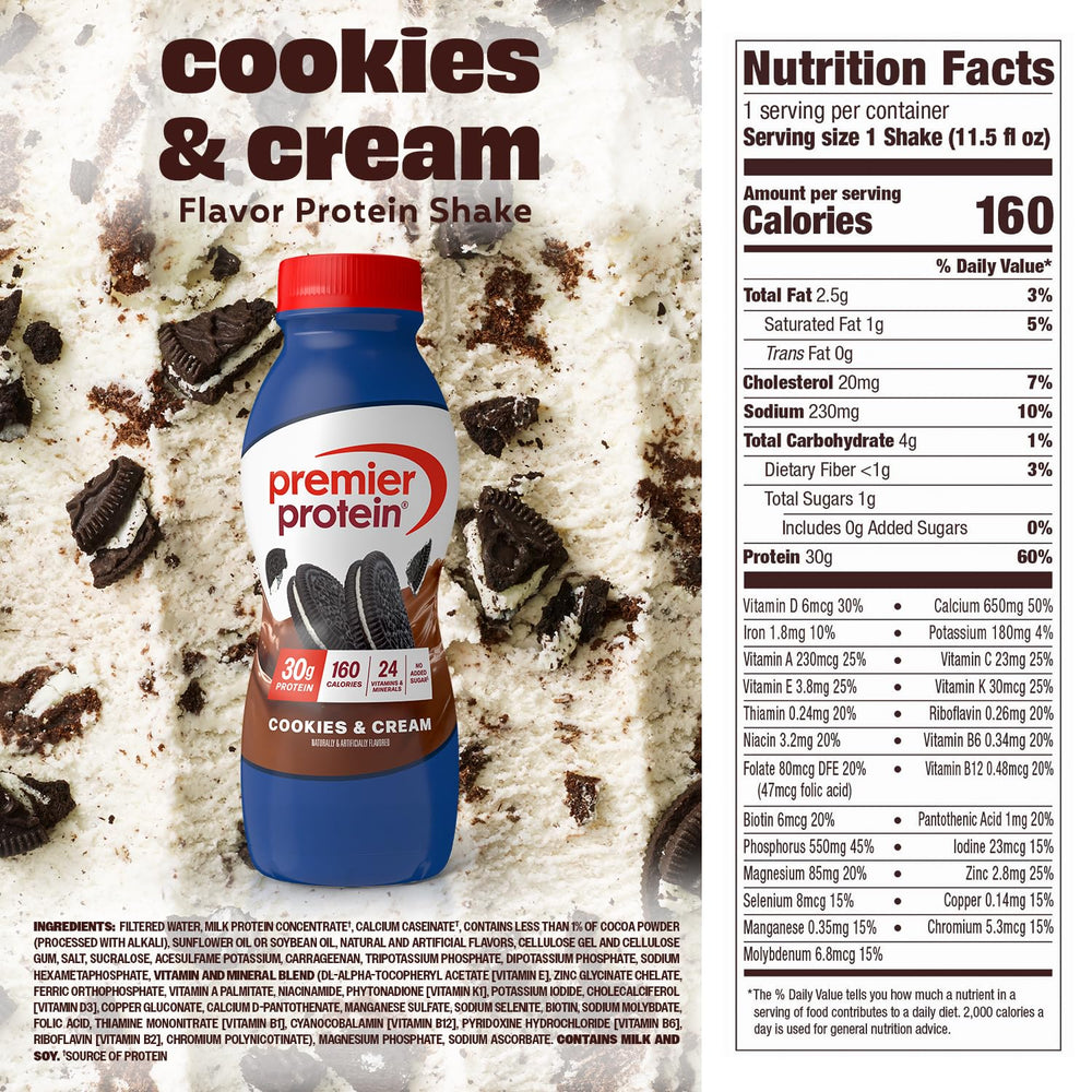 Glass with Premier Protein shake and spoon highlights versatile mix-ins
