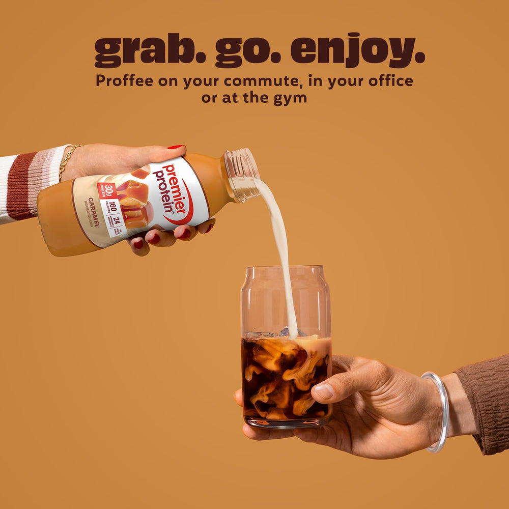 Premier Protein Shake Gluten Free badge on caramel bottle label.