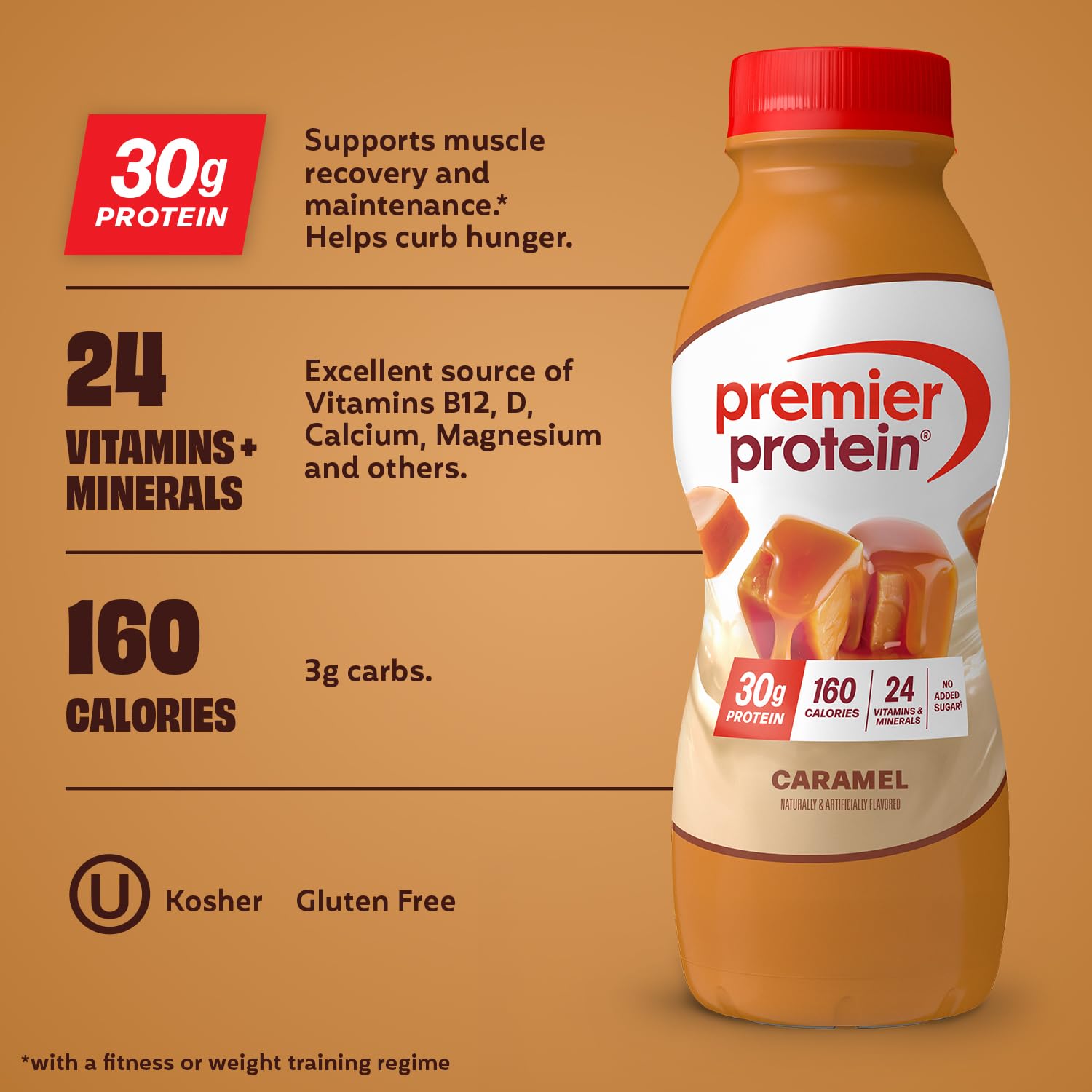 Close up of Premier Protein Shake Caramel label highlighting nutrition and flavor.