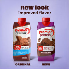 Premier Protein shake nutrition panel showing 30g protein and 1g sugar per serving.