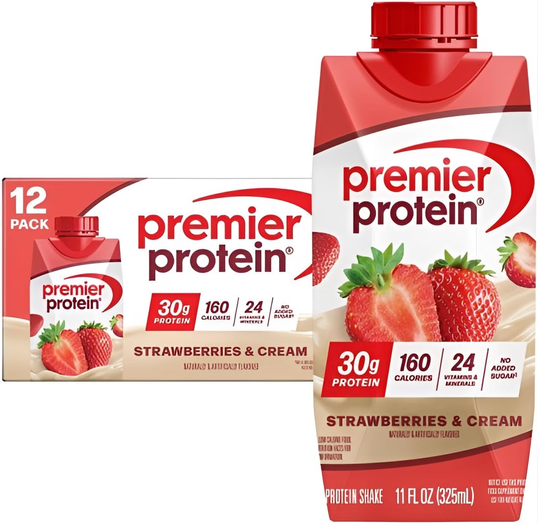 Premier Protein Shake Strawberries & Cream bottle close-up highlights high-protein formula