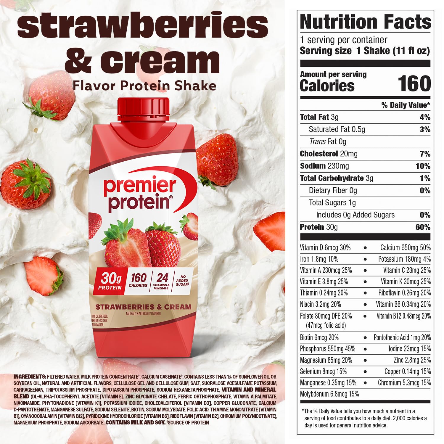 Premier Protein Shake Strawberries & Cream glass being poured shows creamy texture and protein boost