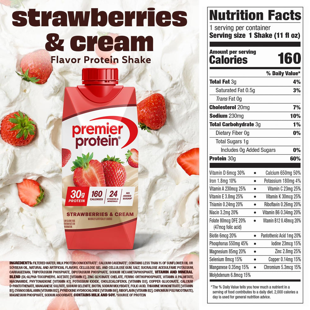Premier Protein Shake Strawberries & Cream glass being poured shows creamy texture and protein boost
