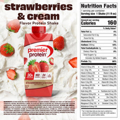 Premier Protein Shake Strawberries & Cream glass being poured shows creamy texture and protein boost