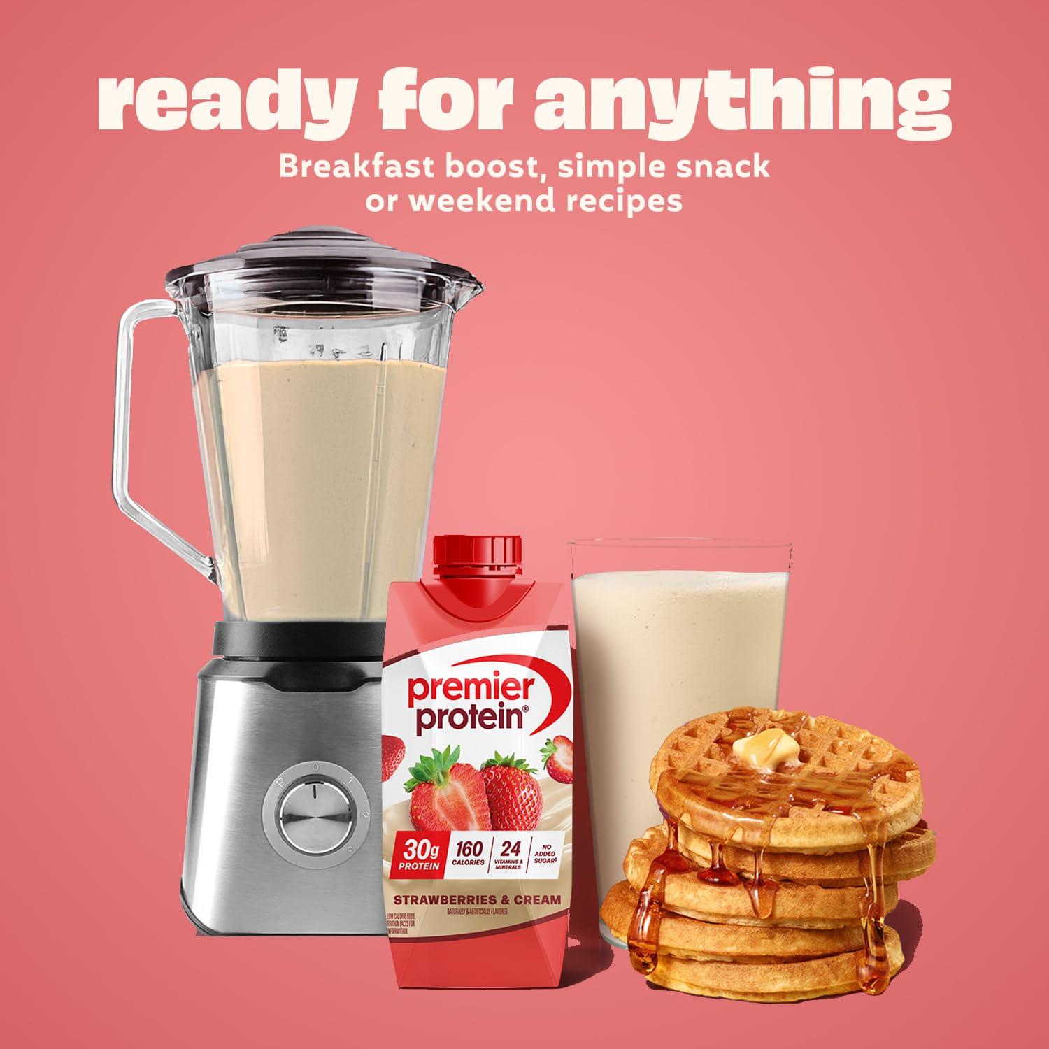 Premier Protein Shake Strawberries & Cream bottle with coffee for proffee idea