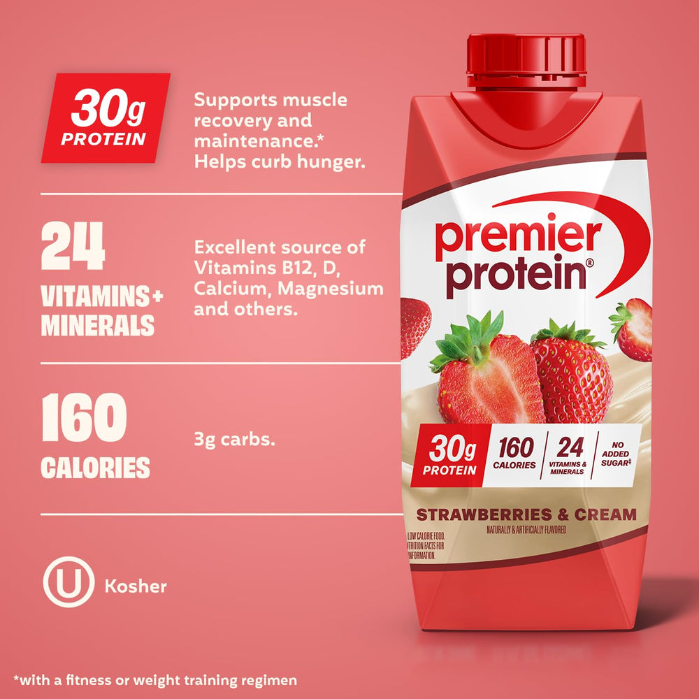 Premier Protein Shake Strawberries & Cream smoothie idea with oats for a balanced morning
