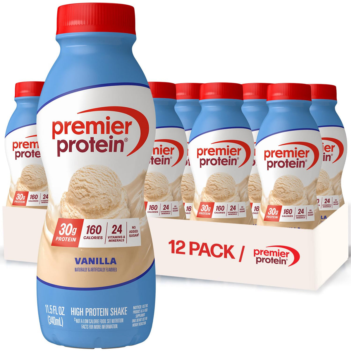 Premier Protein Vanilla Shake bottle for on-the-go protein to fuel busy mornings.