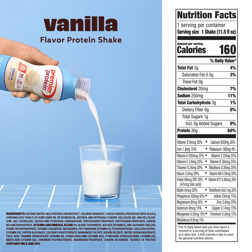 Premier Protein Vanilla breakfast on the go bottle to start the day.