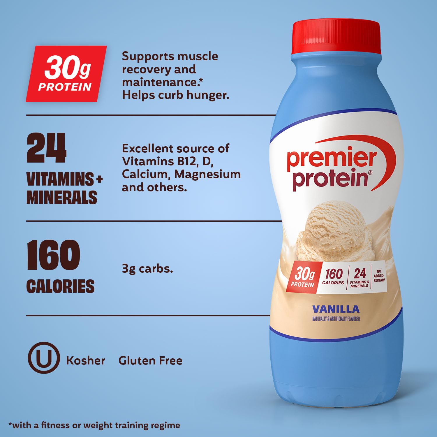 Premier Protein Vanilla creamy shake in glass highlights smooth texture.