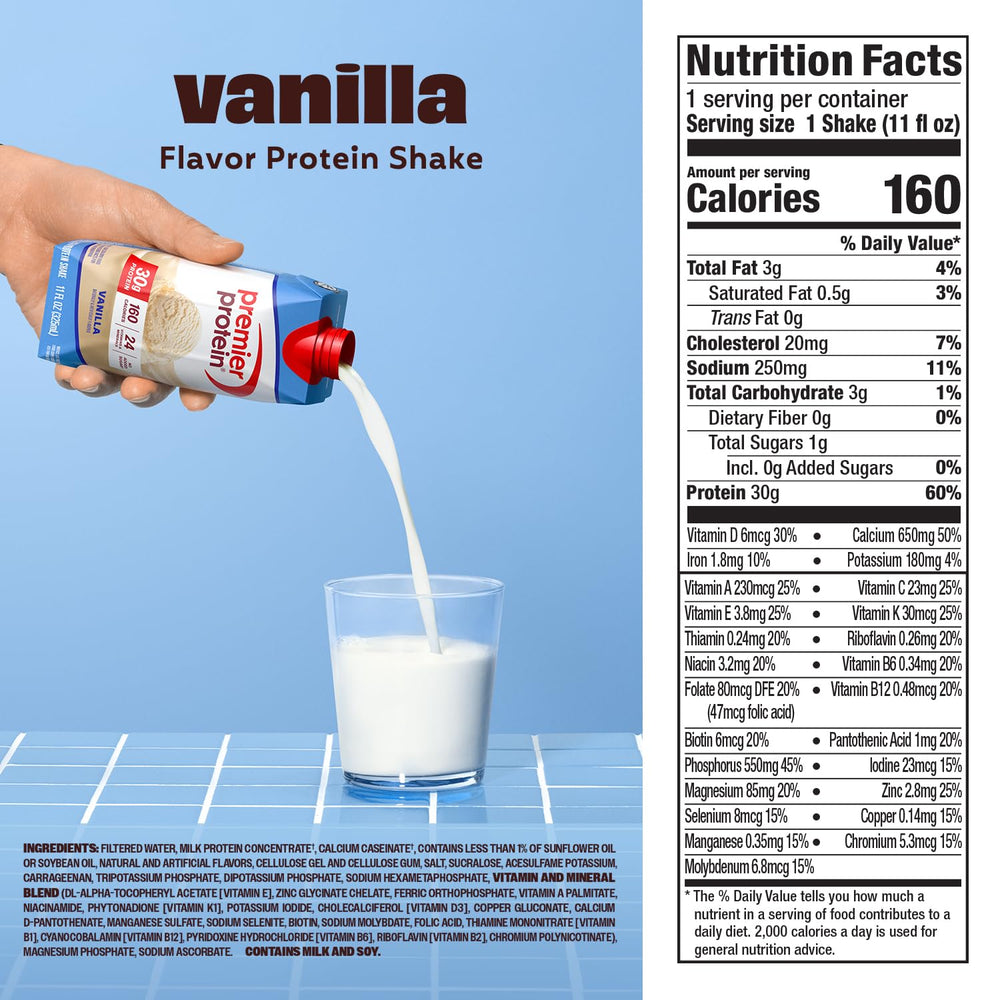 Premier Protein Shake Vanilla with no added sugar supports a low-sugar meal option