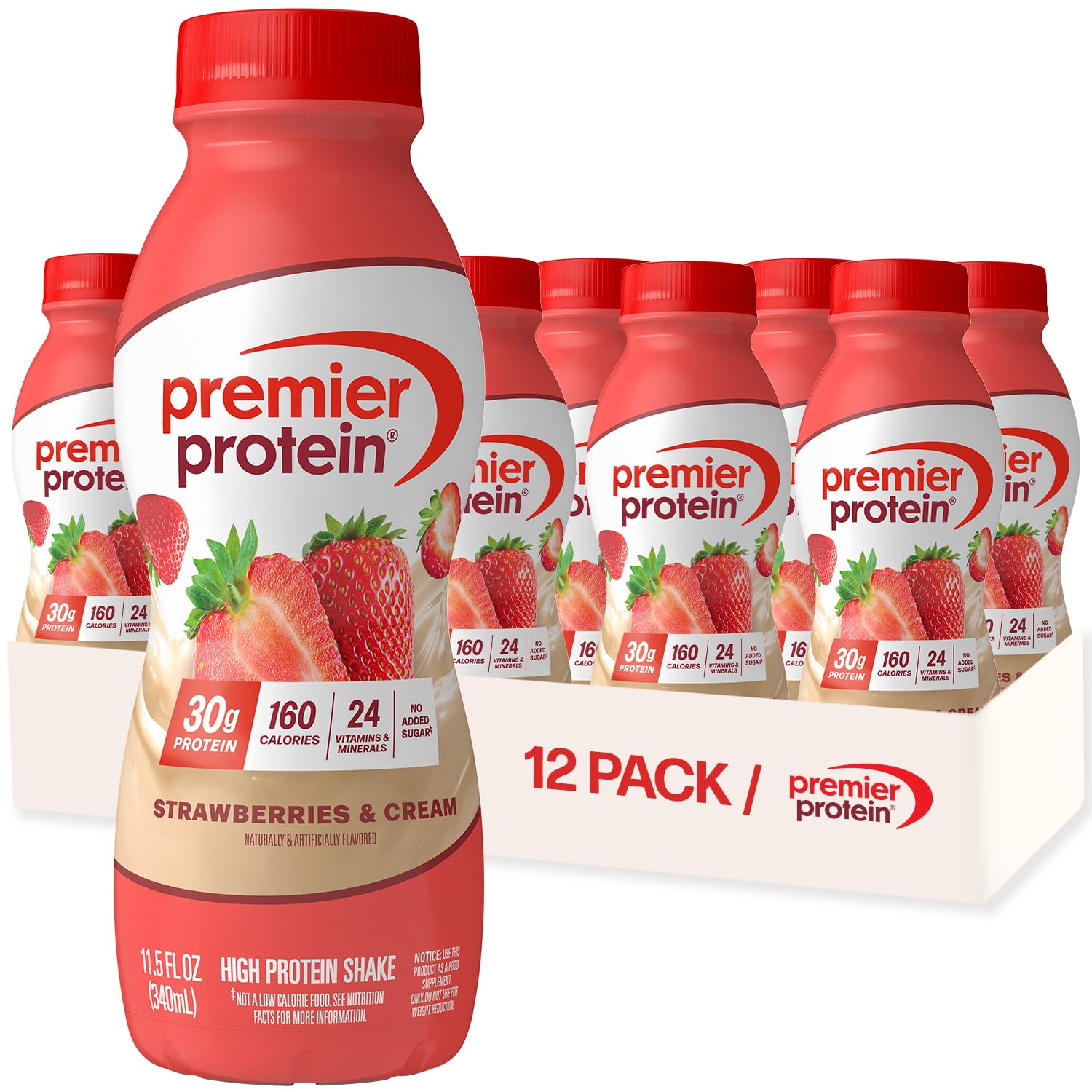 Premier Protein Strawberries & Cream bottle shows convenient, high-protein nutrition for on-the-go days.