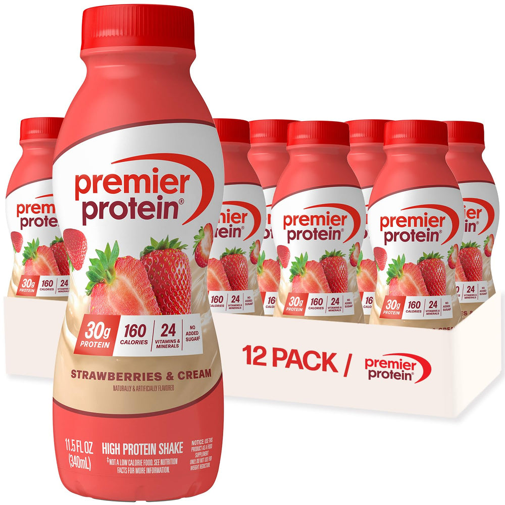 Premier Protein Strawberries & Cream bottle shows convenient, high-protein nutrition for on-the-go days.