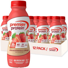 Premier Protein Strawberries & Cream bottle shows convenient, high-protein nutrition for on-the-go days.