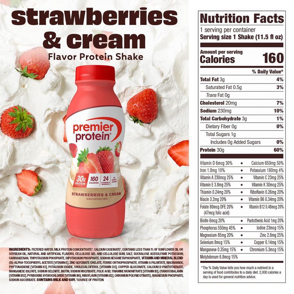 Shelf-display image of Premier Protein Strawberries & Cream 12-pack packaging.