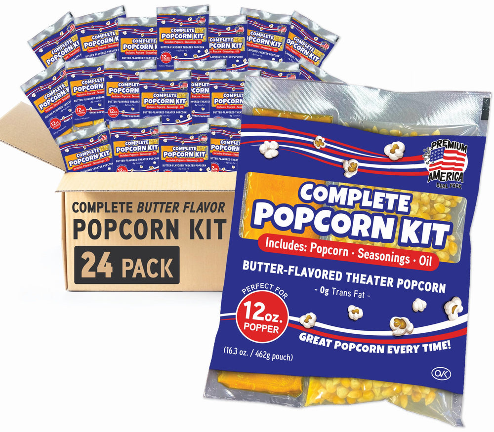 Premium America popcorn kit 24 packs for quick, delicious movie-night popcorn.