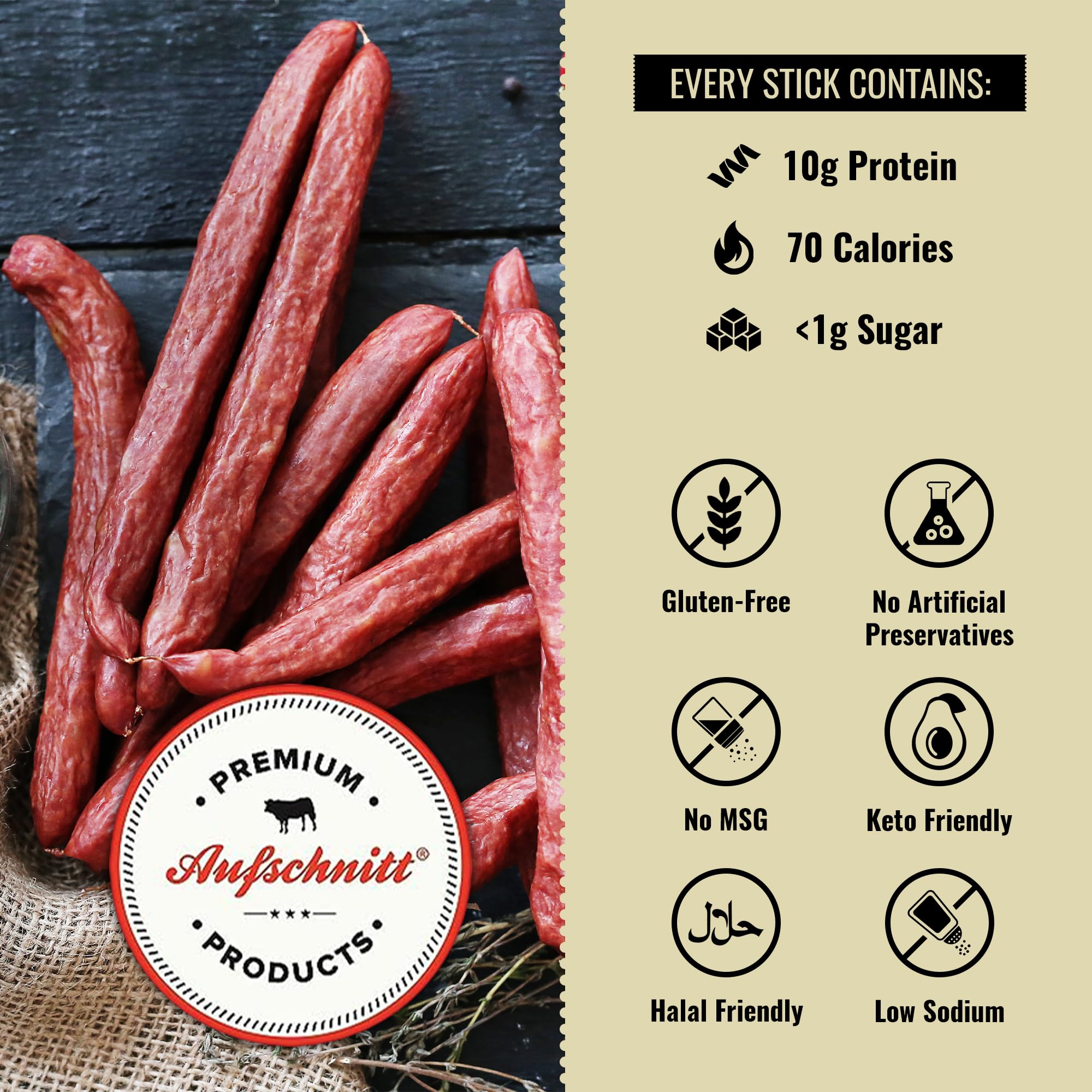 Premium Aufschnitt Garlic beef jerky stick, a zesty, low-sodium snack.