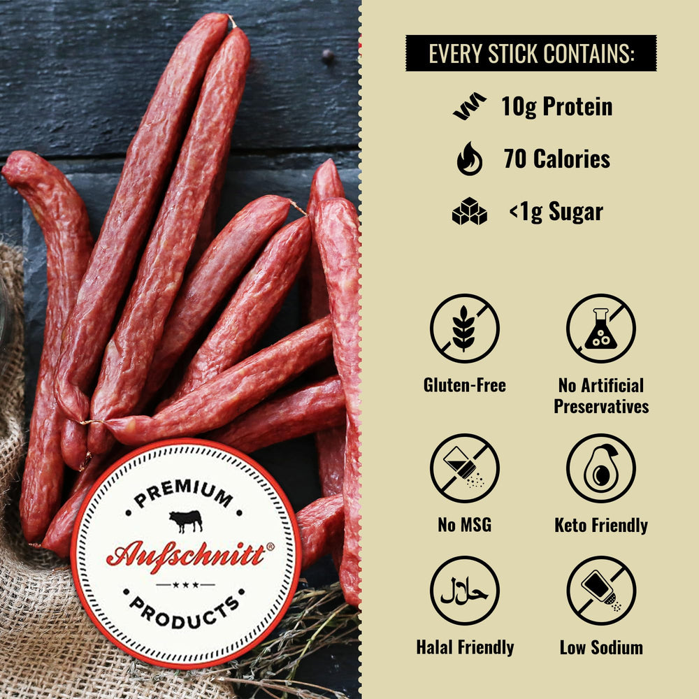 Premium Aufschnitt Garlic beef jerky stick, a zesty, low-sodium snack.