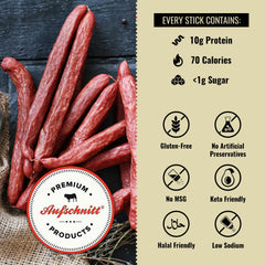 Premium Aufschnitt Garlic beef jerky stick, a zesty, low-sodium snack.