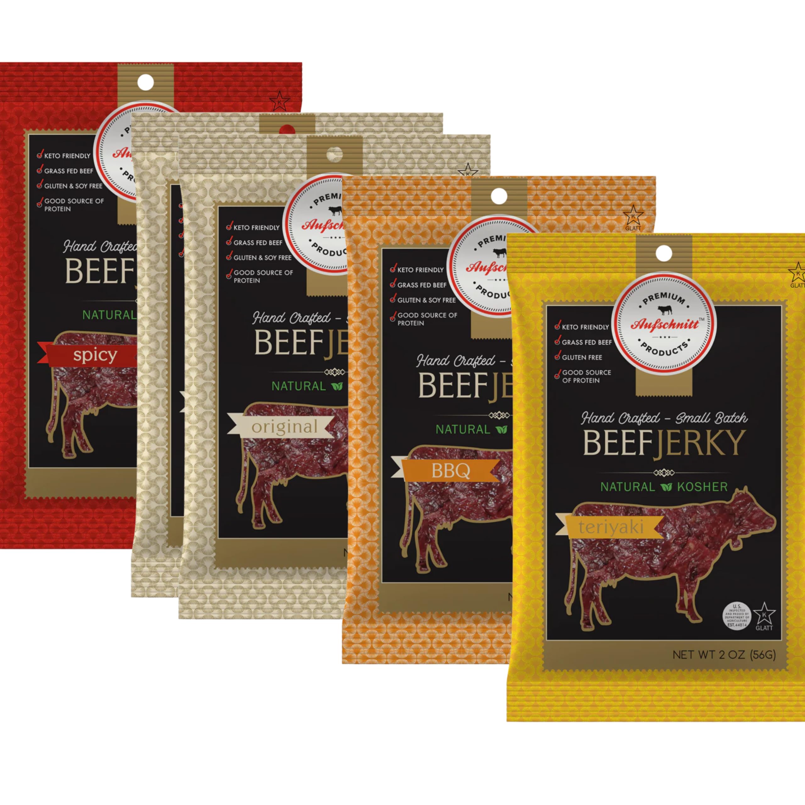 Premium Aufschnitt Grass-Fed beef jerky BBQ flavor ready for on-the-go snacking and recovery.