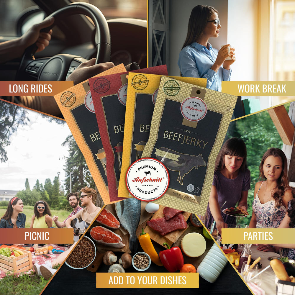 Premium Aufschnitt Grass-Fed Beef Jerky Original flavor for a satisfying protein boost.