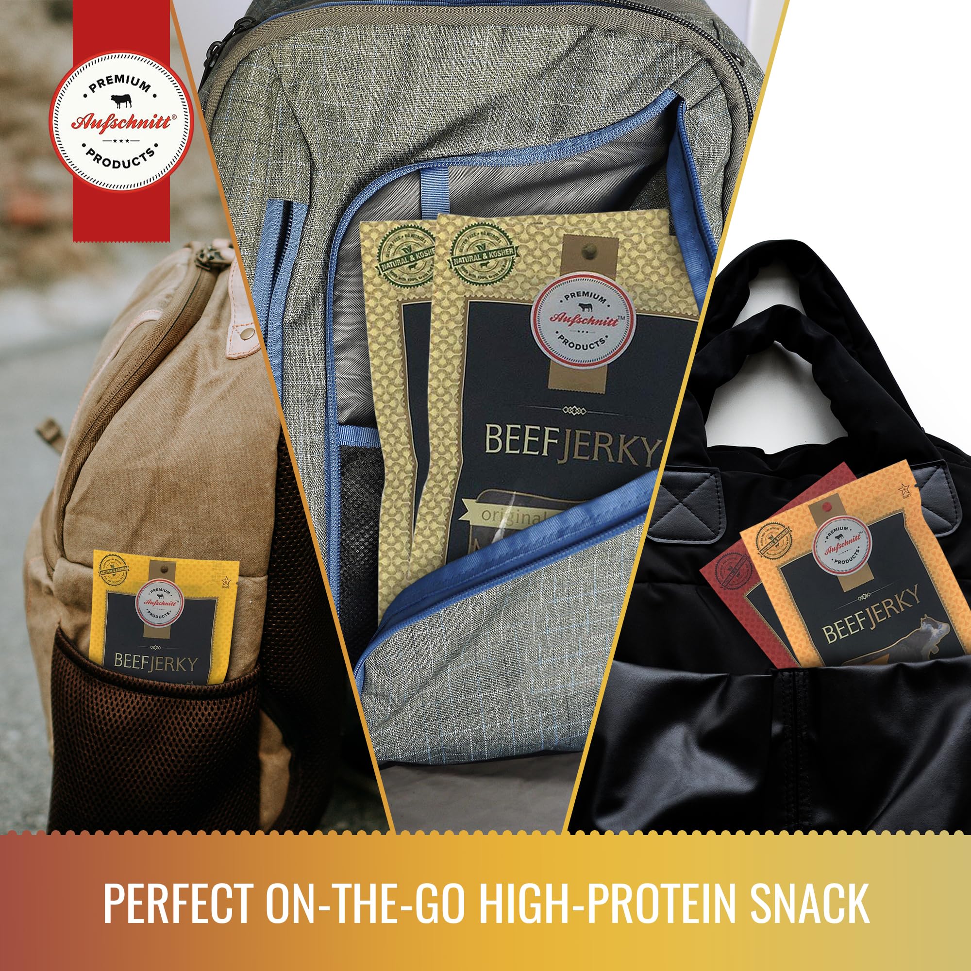 Premium Aufschnitt Grass-Fed Beef Jerky Teriyaki flavor pairs well with lunch breaks.