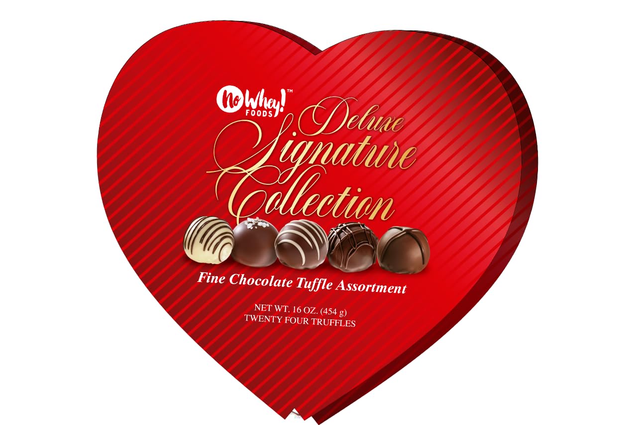 Premium Chocolatiers truffle heart box display with 24 vegan chocolates.