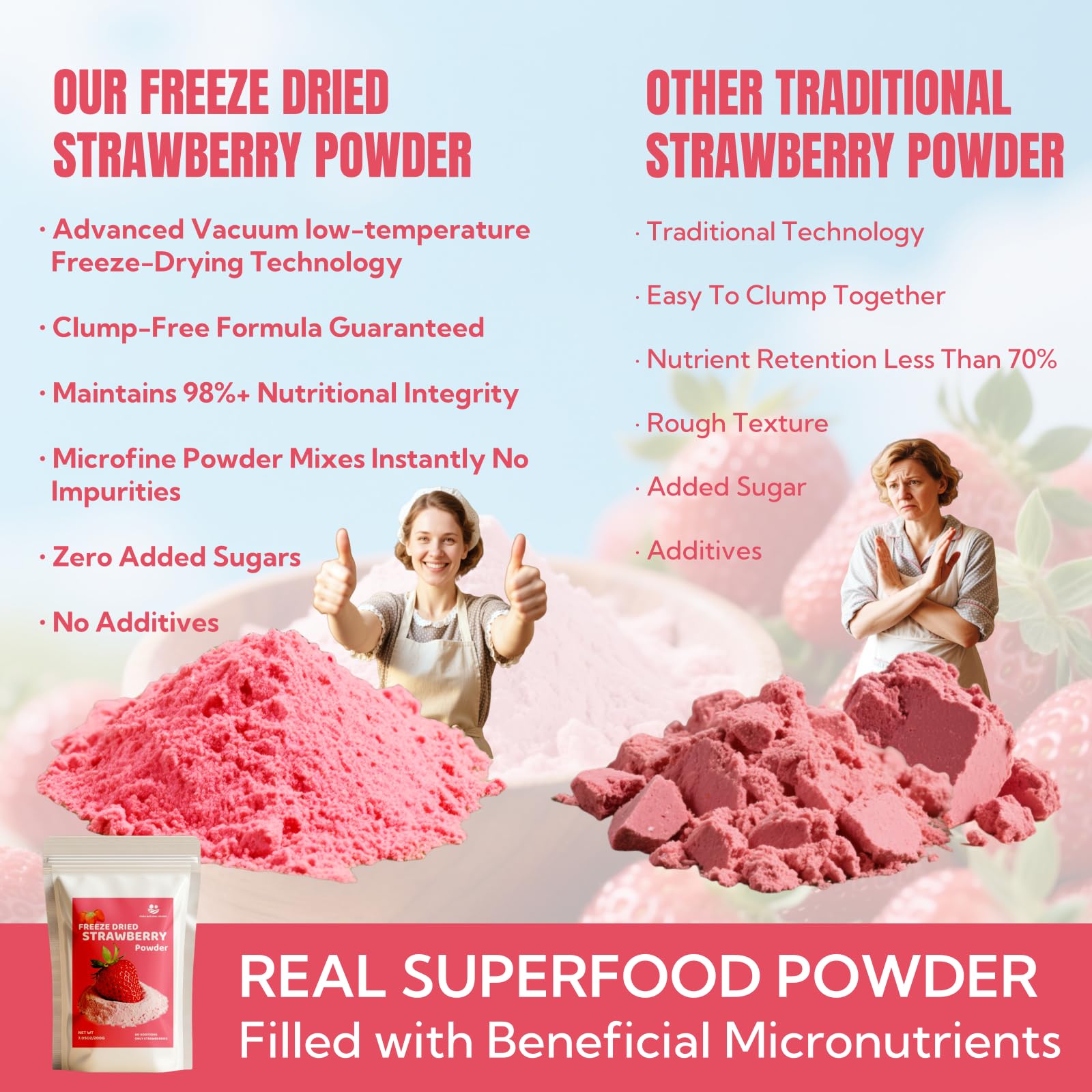 BPA-free resealable bag of Premium Freeze Dried Strawberry Powder with collapsible spoon.