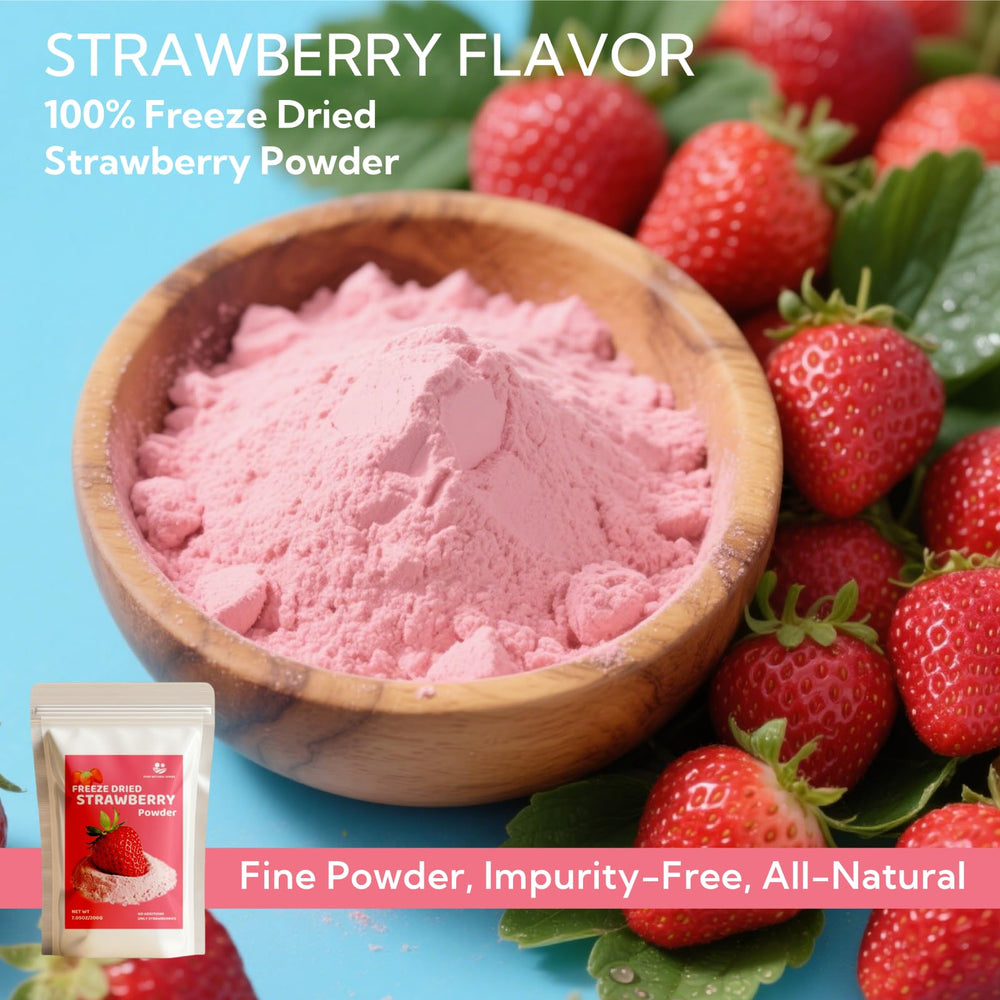 Close-up of Premium Freeze Dried Strawberry Powder texture, clump-free and easy to whisk.