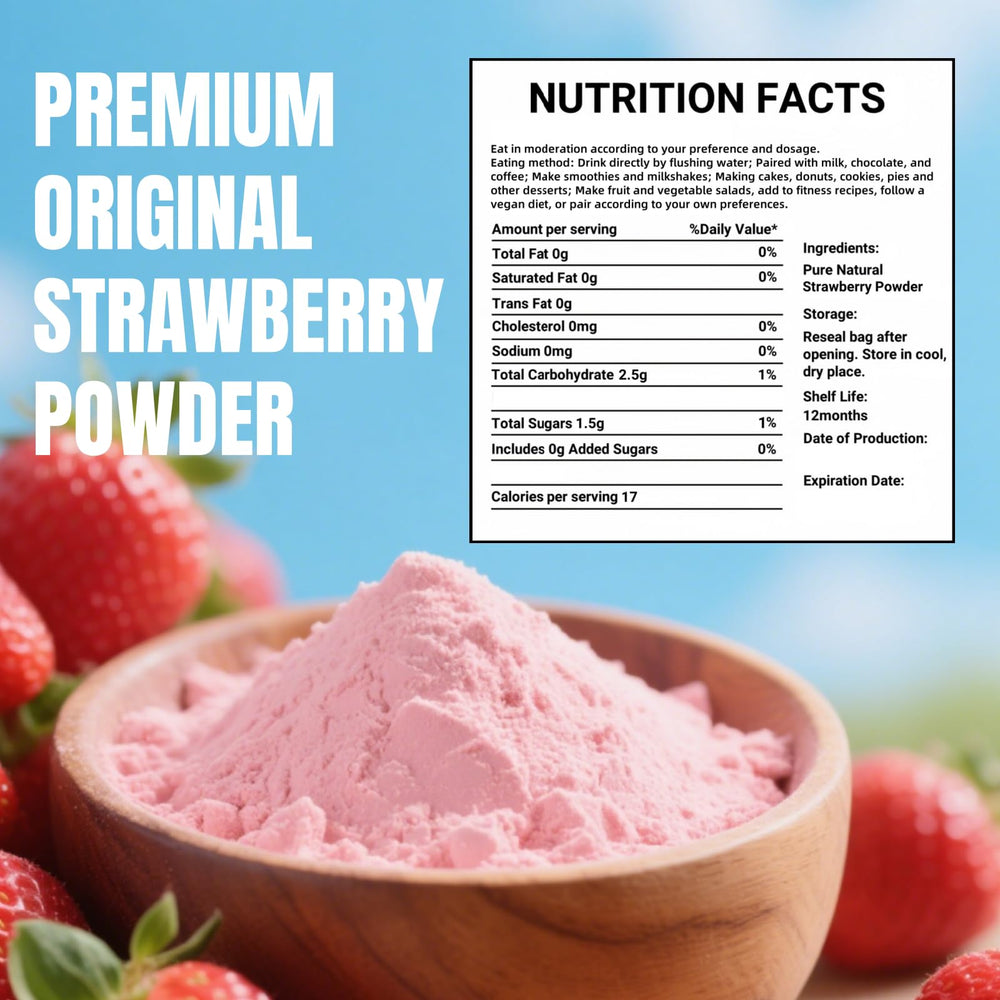 Fine powder pours from spoon; Premium Freeze Dried Strawberry Powder dissolves easily.