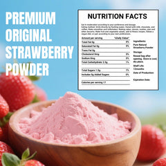 Fine powder pours from spoon; Premium Freeze Dried Strawberry Powder dissolves easily.