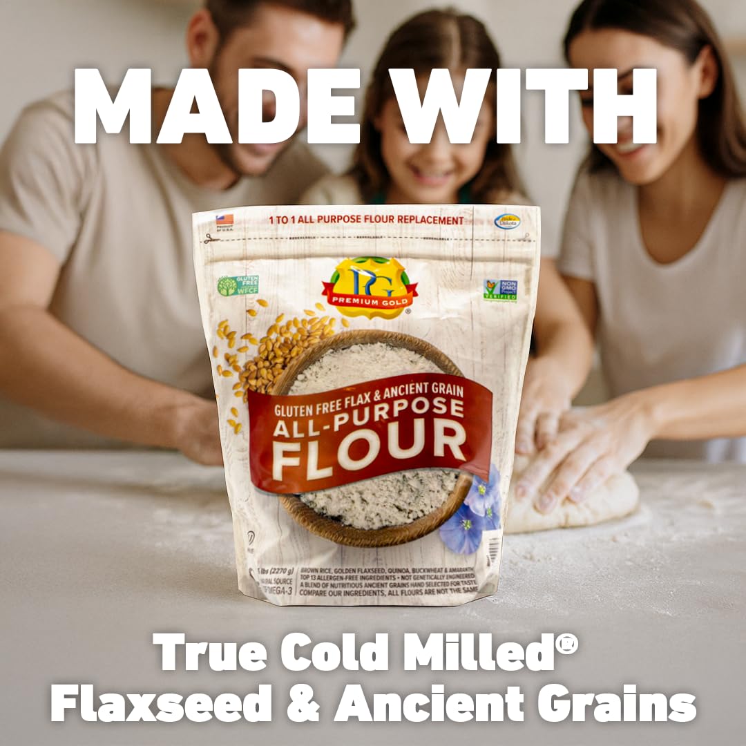 Premium Gold flax grains nutrition panel highlighting omega-3 and fiber