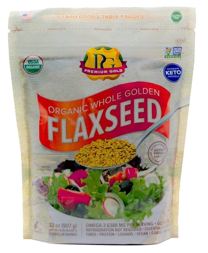 Premium Gold organic whole flax seed 2lb pack for pantry storage and fiber boost.