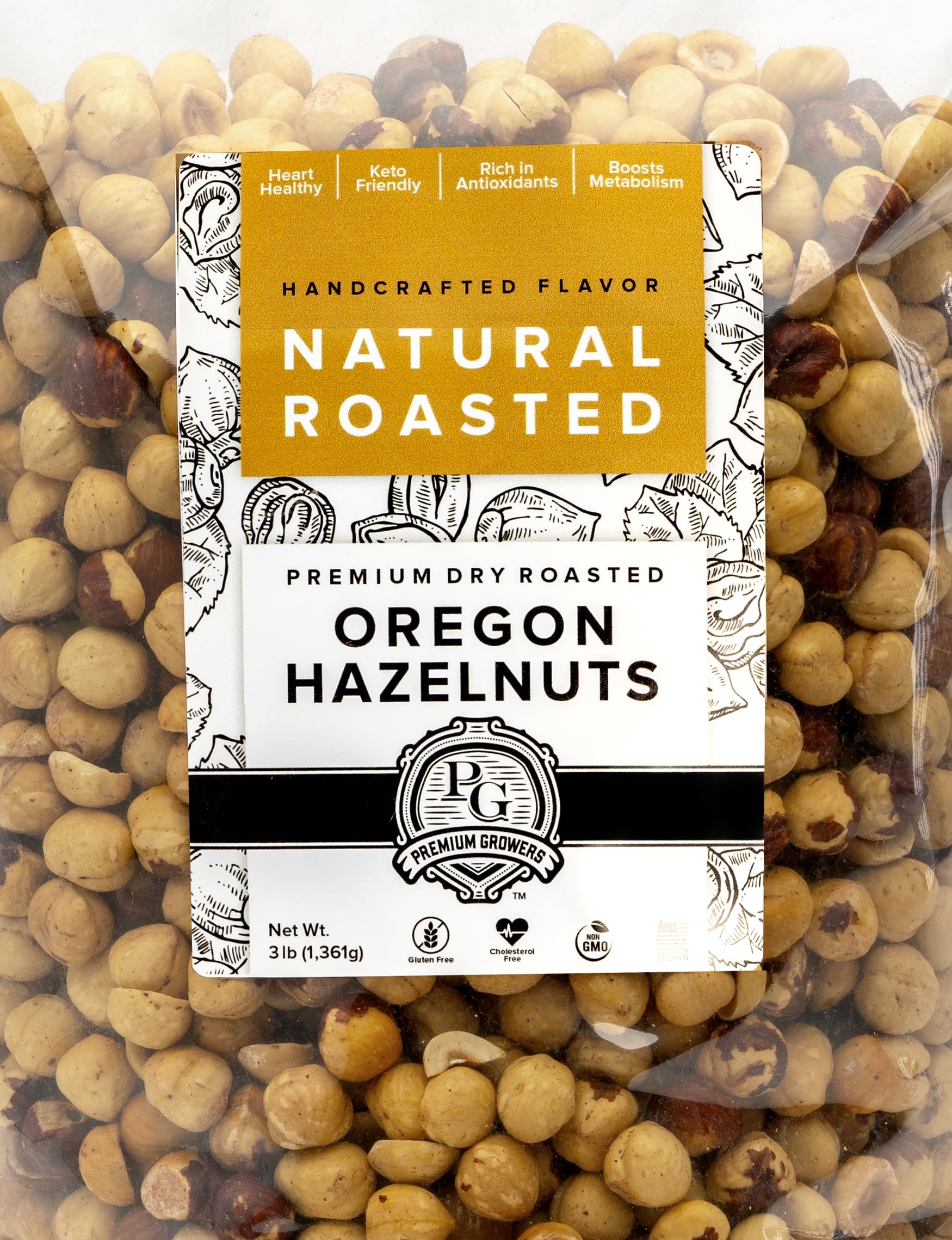 Premium Growers hazelnuts dry roasted for a rich, crunchy snack.