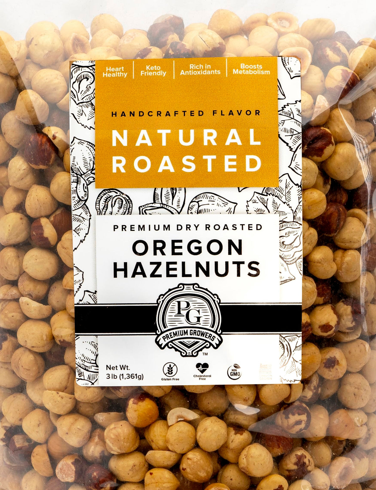 Premium Growers hazelnuts dry roasted for a rich, crunchy snack.