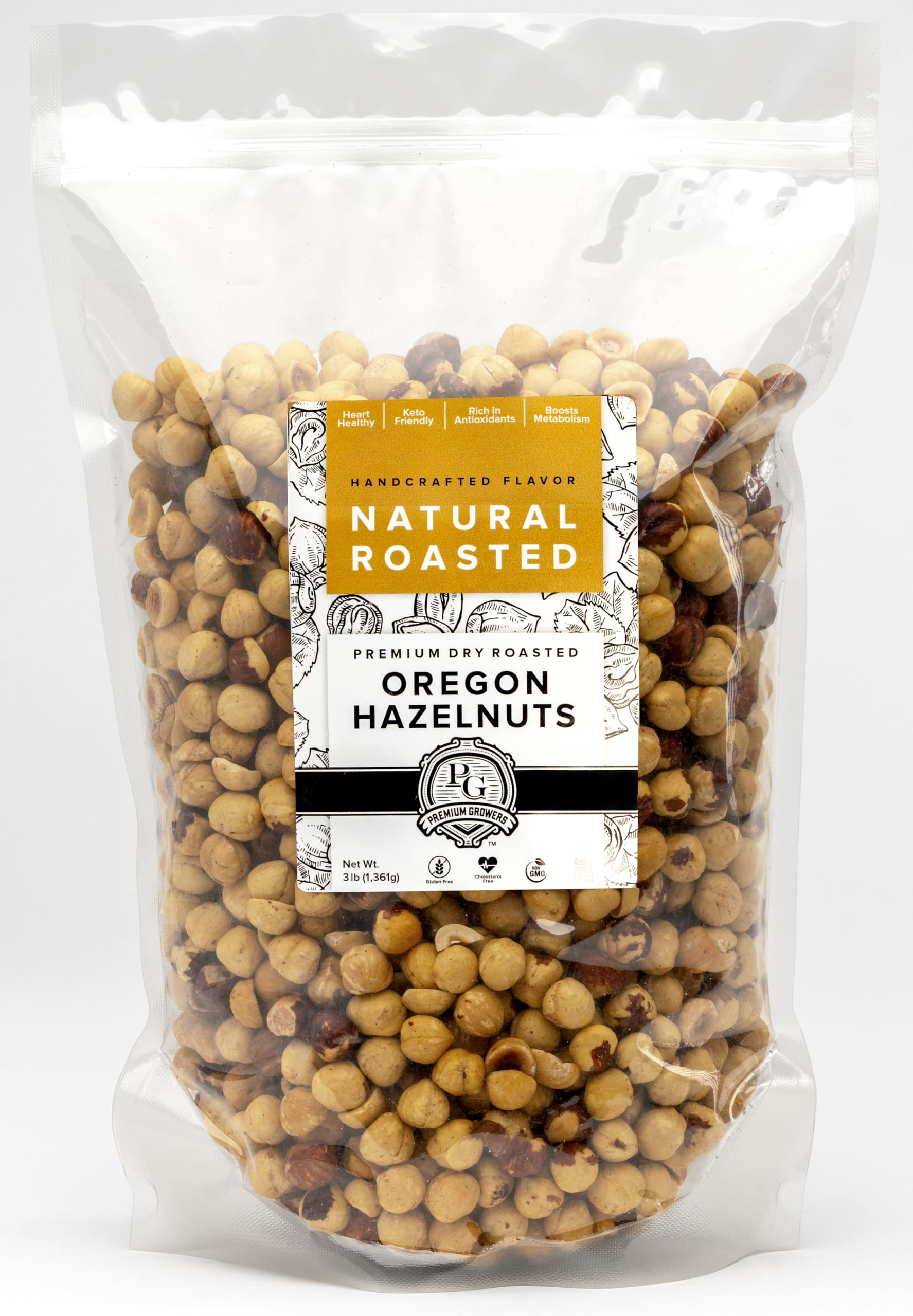 Premium Growers kosher-certified hazelnuts, natural roasted for versatile snacking.