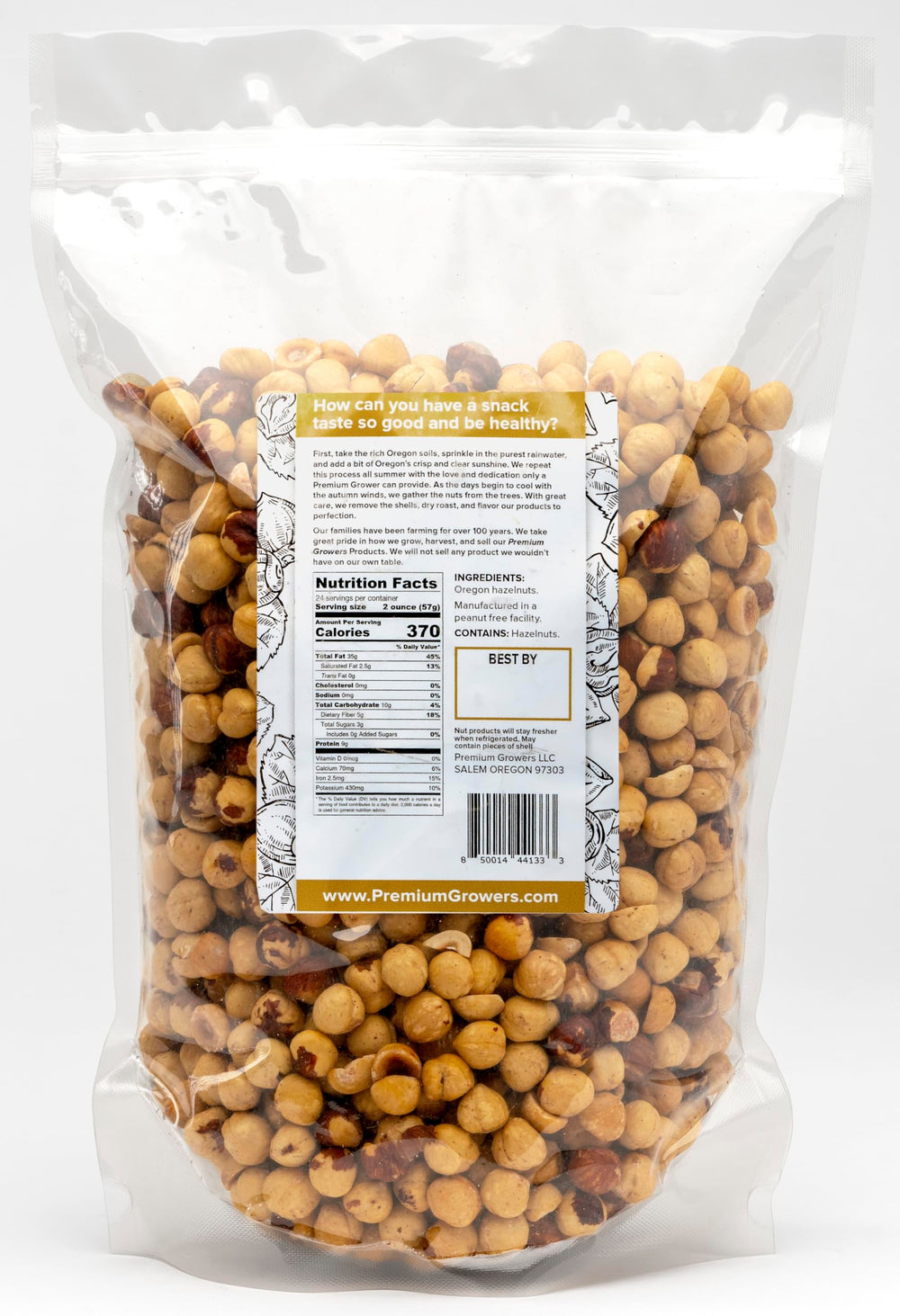 Premium Growers hazelnuts in a resealable bag, perfect for hiking and daily use.