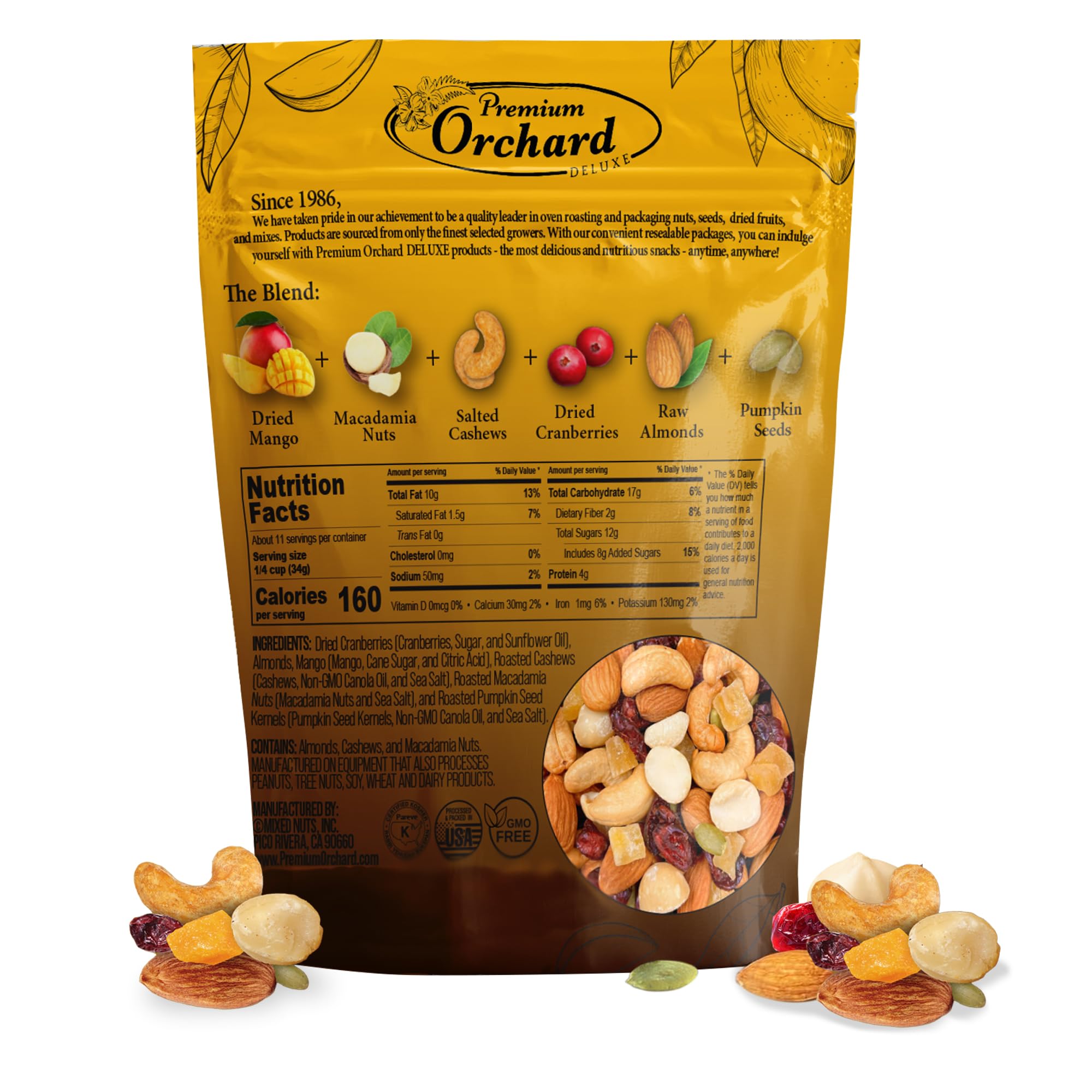 Premium Orchard Deluxe Mango Macadamia Nut Blend close-up reveals ingredients.
