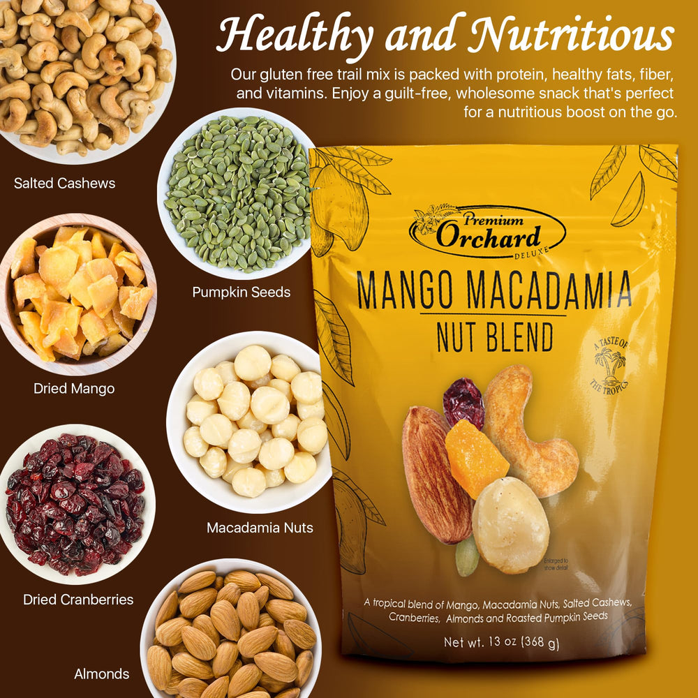 Premium Orchard Deluxe Mango Macadamia Nut Blend gift-ready package.