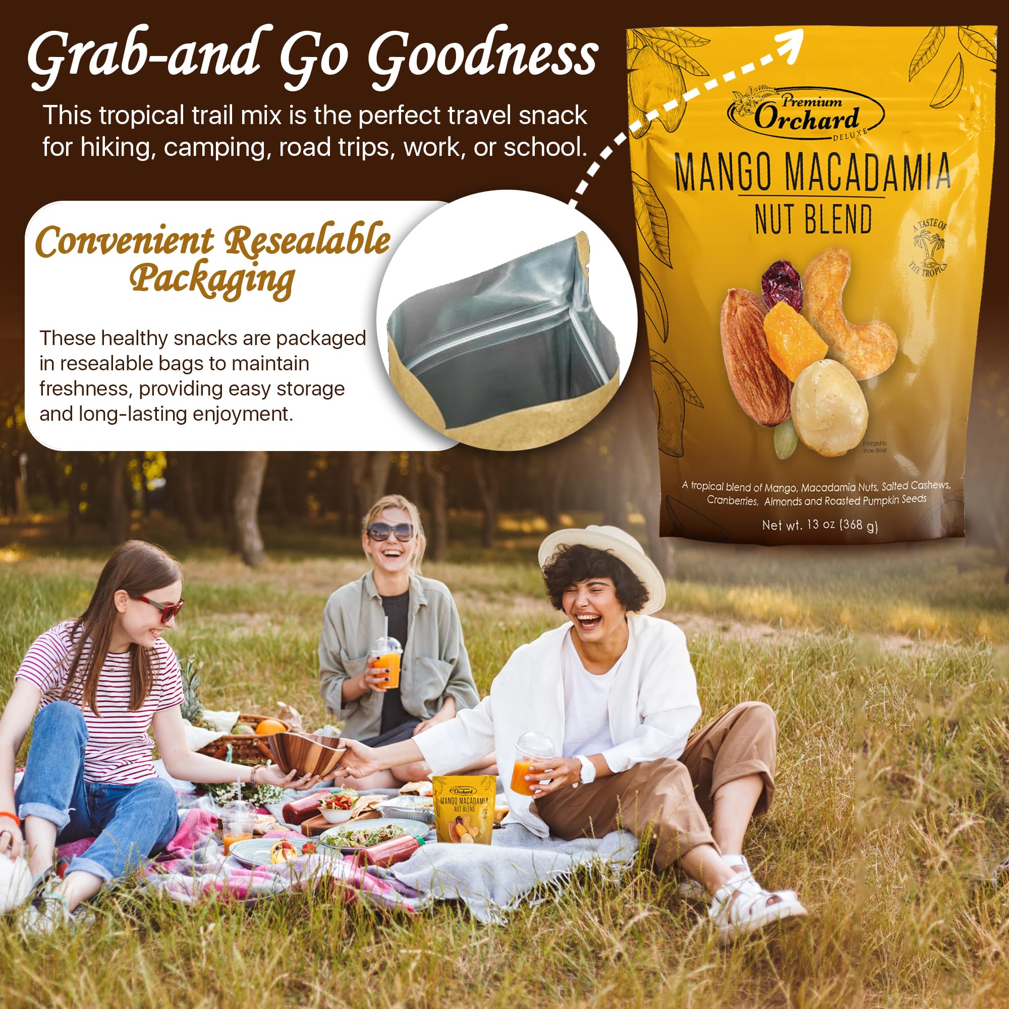 Premium Orchard Deluxe Mango Macadamia Nut Blend ideal for road trips and hikes.