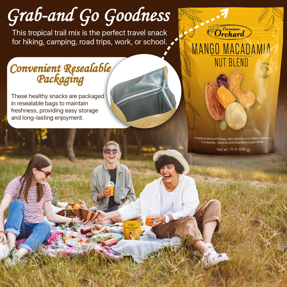 Premium Orchard Deluxe Mango Macadamia Nut Blend ideal for road trips and hikes.