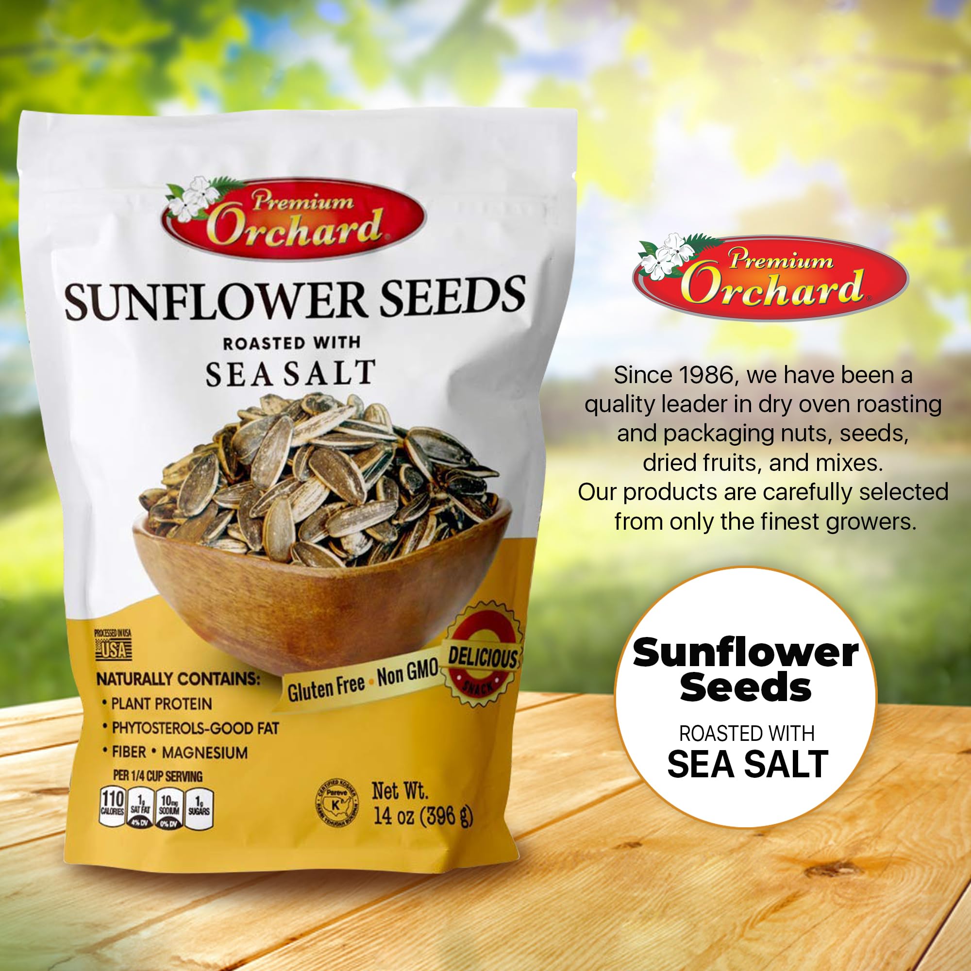 Premium Orchard dry-roasted sunflower seeds in oven scene with natural flavor