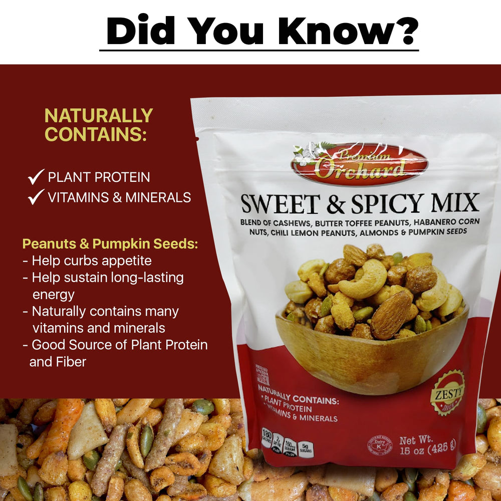 Premium Orchard mixed nuts close-up with cashews, toffee and heat.