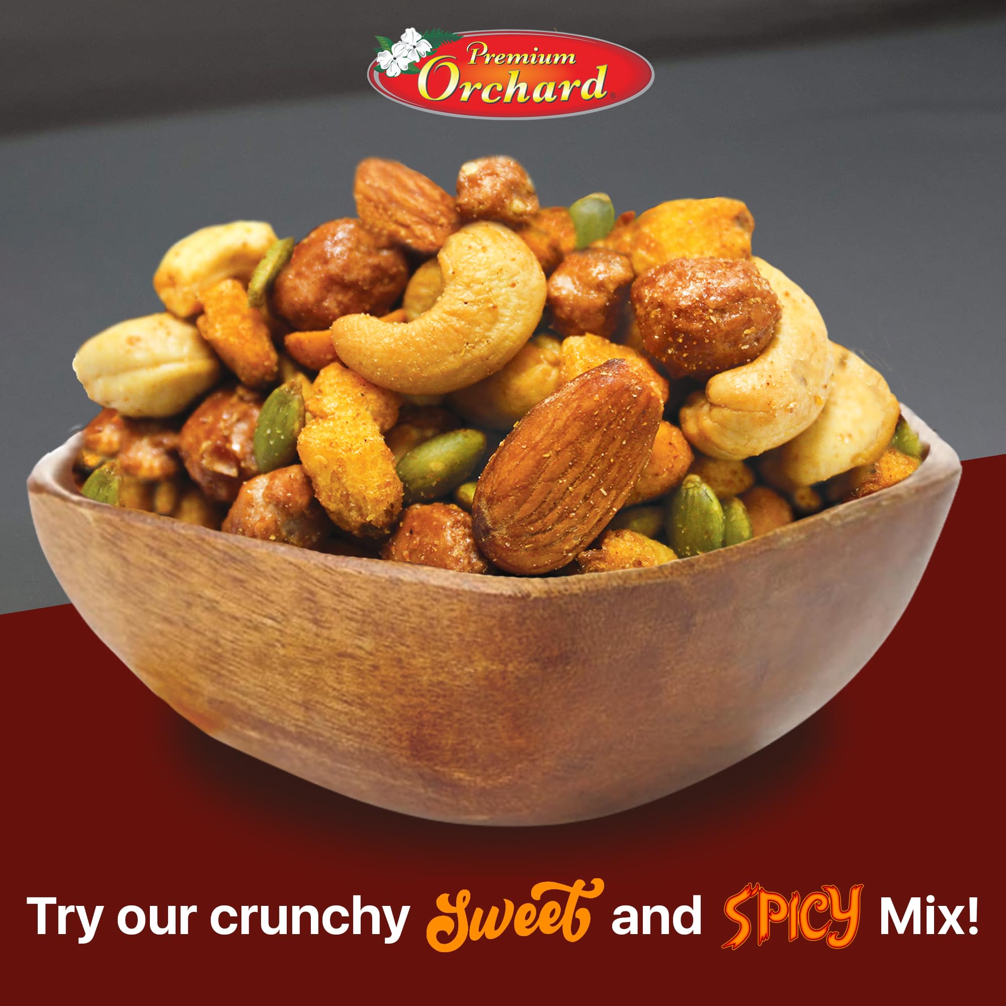 Premium Orchard habanero corn nuts burst with bold heat.