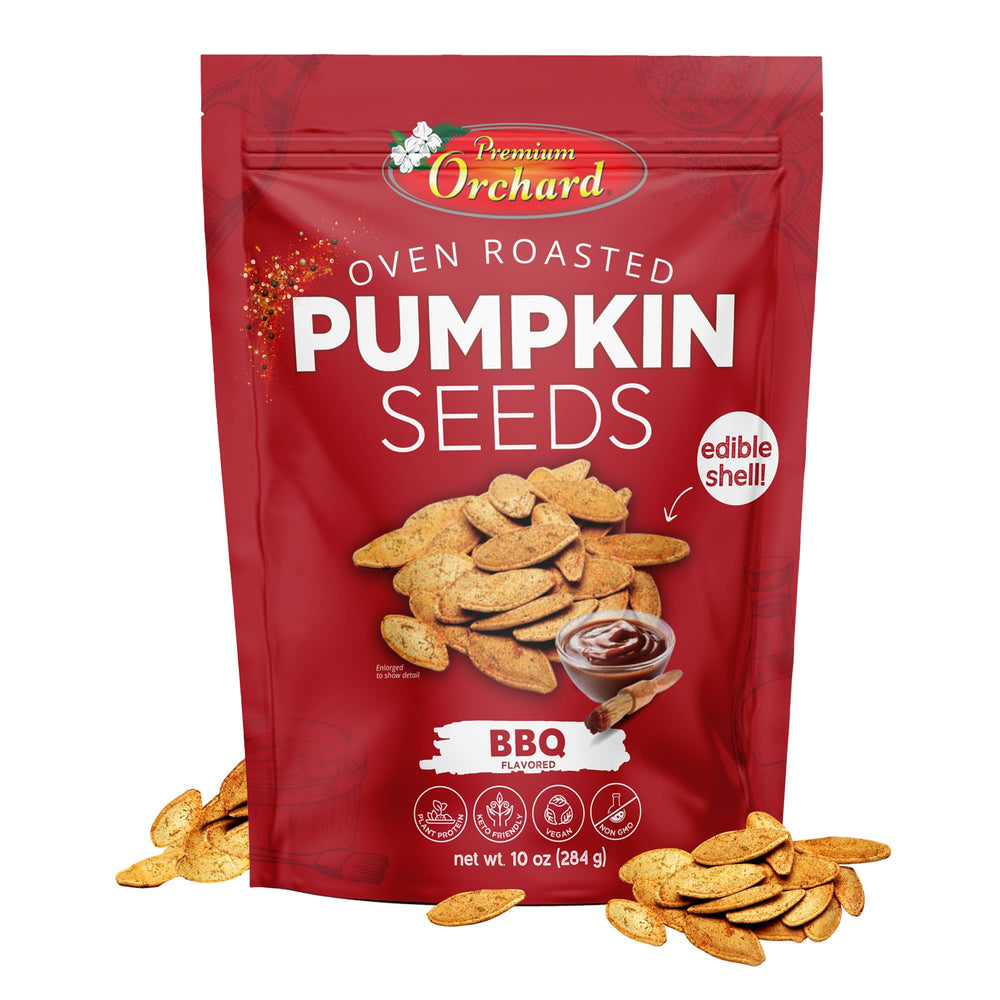 Premium Orchard BBQ pumpkin seeds packshot for on-the-go snacking.