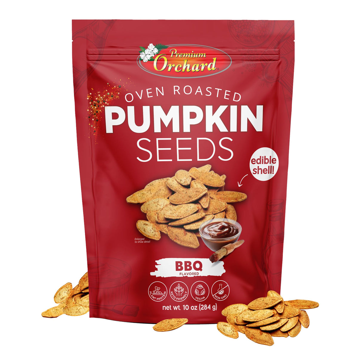Premium Orchard BBQ pumpkin seeds packshot for on-the-go snacking.