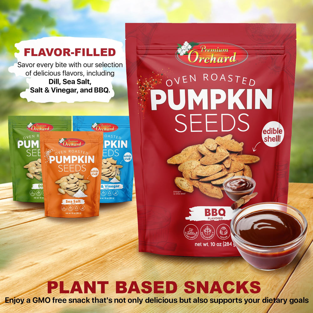 Premium Orchard resealable pumpkin seeds bag ensures freshness after opening.