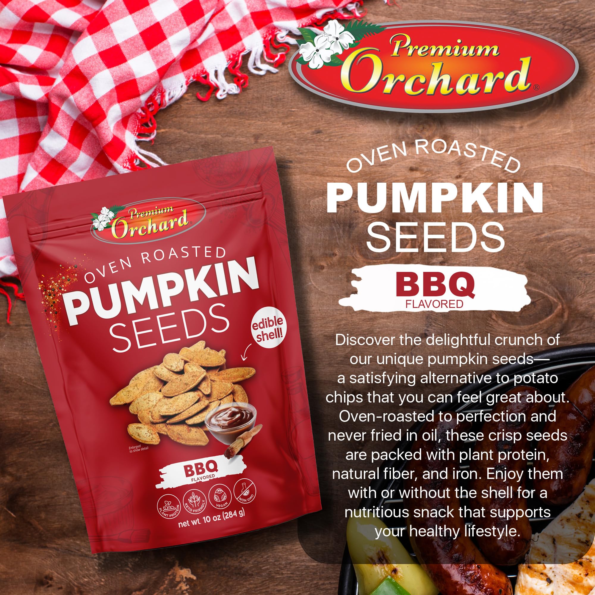 Premium Orchard sea salt pumpkin seeds bag highlighting freshness.