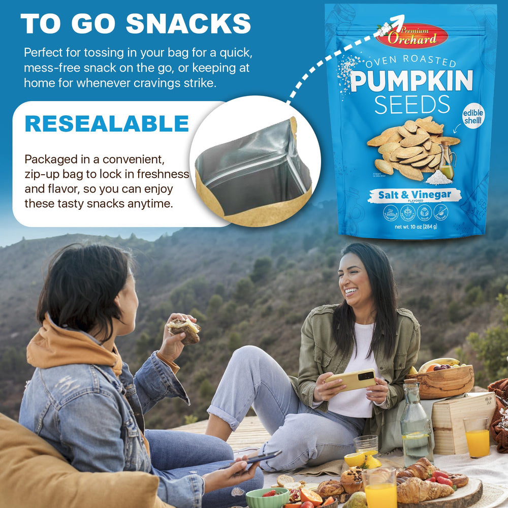 Premium Orchard pumpkin seeds oven-roasted texture close-up with roasted crunch.